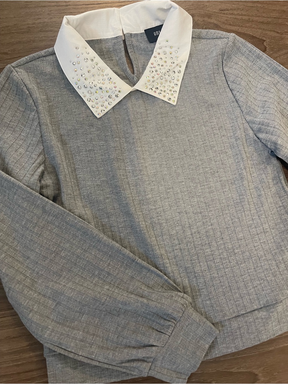 Amy Byer Gray Ribbed Top with Embellished White Collar